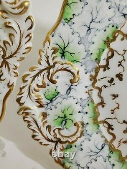 Pair Antique English Porcelain Hand Painted Botanical Dishes Mum Primrose Green