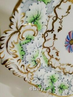 Pair Antique English Porcelain Hand Painted Botanical Dishes Mum Primrose Green