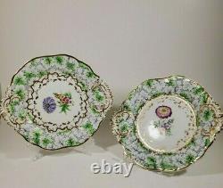 Pair Antique English Porcelain Hand Painted Botanical Dishes Mum Primrose Green