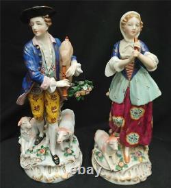 Pair Antique French Edme Samson Paris Porcelain Figurines Shepherds With Lambs