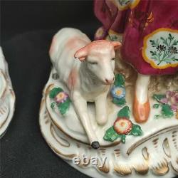 Pair Antique French Edme Samson Paris Porcelain Figurines Shepherds With Lambs