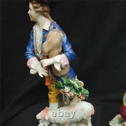 Pair Antique French Edme Samson Paris Porcelain Figurines Shepherds With Lambs