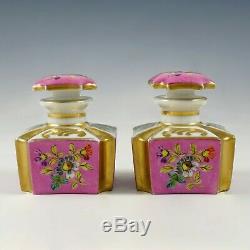Pair Antique French Old Paris Porcelain Perfume Bottles, Hand Painted Flowers