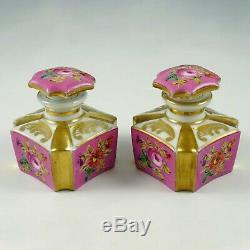 Pair Antique French Old Paris Porcelain Perfume Bottles, Hand Painted Flowers
