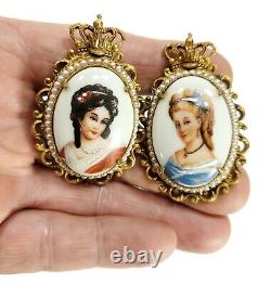 Pair Antique Hand Painted Porcelain Drawer Pulls 2 Women with Gold & Pearls