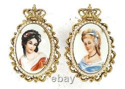 Pair Antique Hand Painted Porcelain Drawer Pulls 2 Women with Gold & Pearls