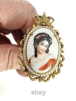 Pair Antique Hand Painted Porcelain Drawer Pulls 2 Women with Gold & Pearls