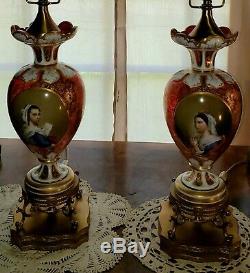 Pair Antique Moser/Austria/Bohemian Lamps-Cranberry Glass/Hand Painted Porcelain