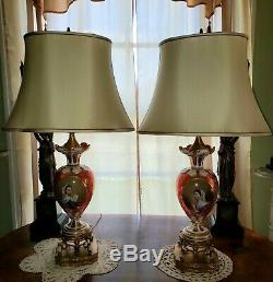 Pair Antique Moser/Austria/Bohemian Lamps-Cranberry Glass/Hand Painted Porcelain