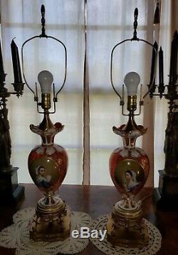 Pair Antique Moser/Austria/Bohemian Lamps-Cranberry Glass/Hand Painted Porcelain