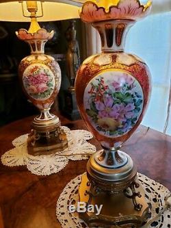 Pair Antique Moser/Austria/Bohemian Lamps-Cranberry Glass/Hand Painted Porcelain
