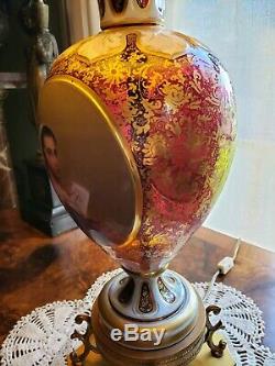 Pair Antique Moser/Austria/Bohemian Lamps-Cranberry Glass/Hand Painted Porcelain