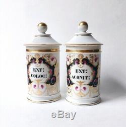 Pair Antique Paris Porcelain Hand Painted Apothecary Jars H Vignier 19thC France