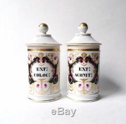Pair Antique Paris Porcelain Hand Painted Apothecary Jars H Vignier 19thC France
