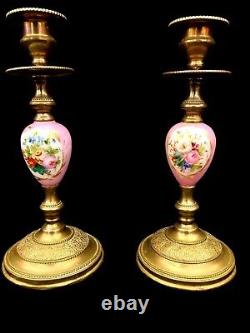 Pair Antique Sevres Candlesticks French Ormolu Porcelain Circa 1860 Hand Painted