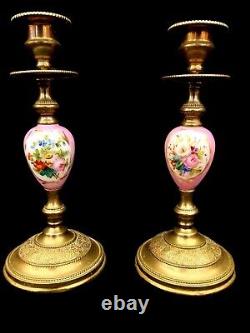 Pair Antique Sevres Candlesticks French Ormolu Porcelain Circa 1860 Hand Painted