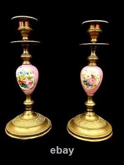 Pair Antique Sevres Candlesticks French Ormolu Porcelain Circa 1860 Hand Painted