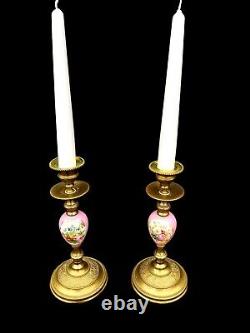 Pair Antique Sevres Candlesticks French Ormolu Porcelain Circa 1860 Hand Painted