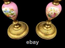 Pair Antique Sevres Candlesticks French Ormolu Porcelain Circa 1860 Hand Painted