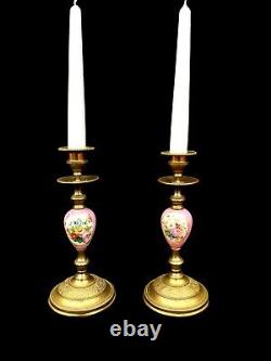 Pair Antique Sevres Candlesticks French Ormolu Porcelain Circa 1860 Hand Painted