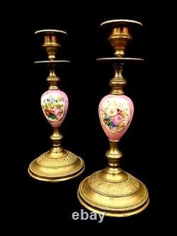 Pair Antique Sevres Candlesticks French Ormolu Porcelain Circa 1860 Hand Painted