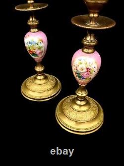 Pair Antique Sevres Candlesticks French Ormolu Porcelain Circa 1860 Hand Painted