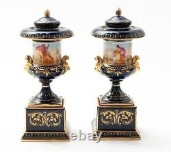 Pair Antique Vienna Pedestal Lidded Porcelain Vases With Hand Painted Decoration