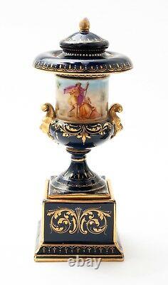 Pair Antique Vienna Pedestal Lidded Porcelain Vases With Hand Painted Decoration