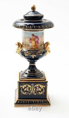 Pair Antique Vienna Pedestal Lidded Porcelain Vases With Hand Painted Decoration