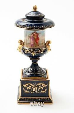 Pair Antique Vienna Pedestal Lidded Porcelain Vases With Hand Painted Decoration