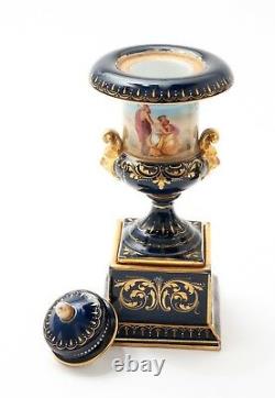 Pair Antique Vienna Pedestal Lidded Porcelain Vases With Hand Painted Decoration