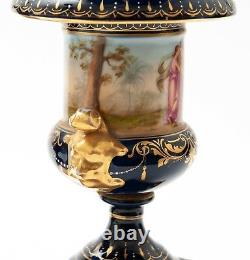 Pair Antique Vienna Pedestal Lidded Porcelain Vases With Hand Painted Decoration