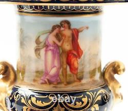 Pair Antique Vienna Pedestal Lidded Porcelain Vases With Hand Painted Decoration