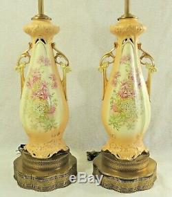 Pair Antique/Vtg Hand Painted Porcelain FLOWERS Gold Trim Brass Urn Table Lamps