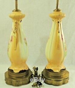 Pair Antique/Vtg Hand Painted Porcelain FLOWERS Gold Trim Brass Urn Table Lamps