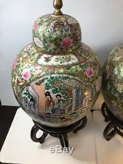 Pair Chinese Famille Rose Hand Painted Enameled Porcelain Vases Mounted As Lamp