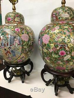 Pair Chinese Famille Rose Hand Painted Enameled Porcelain Vases Mounted As Lamp