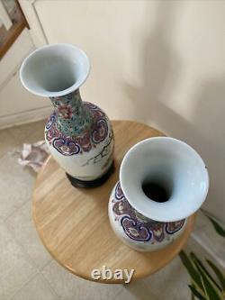 Pair Chinese Famille Rose Porcelain Vases w Kids Playing Hand Painting