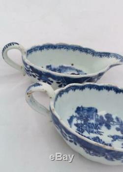Pair Chinese Porcelain Blue White Sauce Boats Boy and Buffalo Qianlong Qing 1780