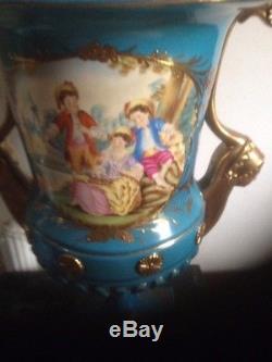 Pair French Empire Rococo Blue Porcelain Gilded Sevres Style Vases Hand Painted