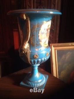 Pair French Empire Rococo Blue Porcelain Gilded Sevres Style Vases Hand Painted