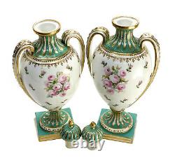 Pair French Sevres Style Hand Painted Porcelain Twin Handled Urns, Late 19th C
