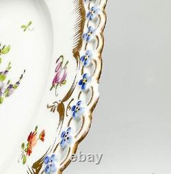 Pair KPM Berlin Hand Painted Reticulated Porcelain Dessert Plates Florals c. 1920