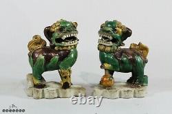 Pair Kangxi Period Famille Verte Biscuit Porcelain Foo Dogs 1680 1720