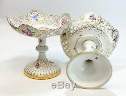 Pair Meissen Germany Hand Painted Porcelain Compotes, Reticulated Rim
