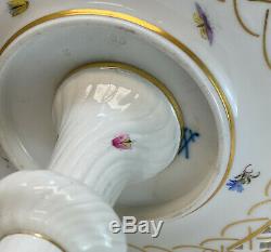 Pair Meissen Germany Hand Painted Porcelain Compotes, Reticulated Rim