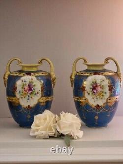 Pair Of Antique Nippon Handled Vase Hand Painted Floral Gold Detail Blue Cre