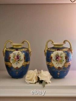 Pair Of Antique Nippon Handled Vase Hand Painted Floral Gold Detail Blue Cre