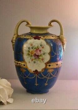 Pair Of Antique Nippon Handled Vase Hand Painted Floral Gold Detail Blue Cre