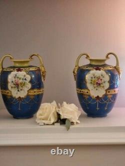 Pair Of Antique Nippon Handled Vase Hand Painted Floral Gold Detail Blue Cre